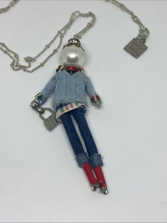 ellie’s belles Jewelry - Charming Doll Pendant Necklace - Pearl Head with Blue Outfit and Red Boots